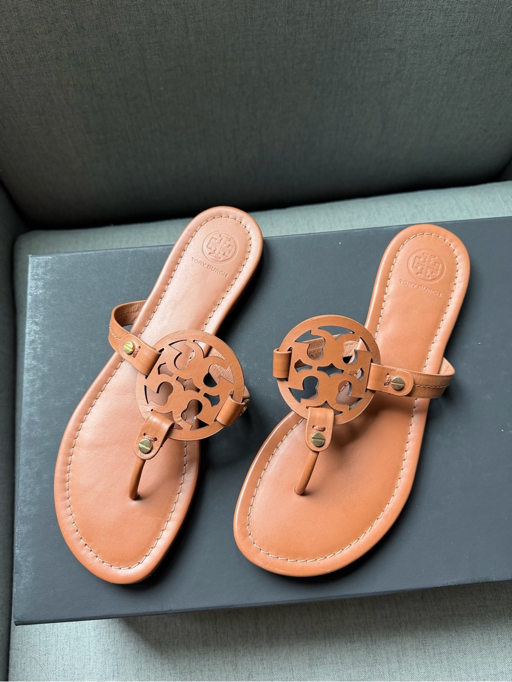 Tory Burch Miller Leather Thong Sandals — Tan